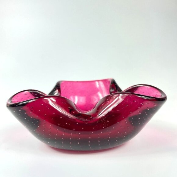 Cranberry Bullicante Art Glass Ashtray Bowl - Picture 4 of 10